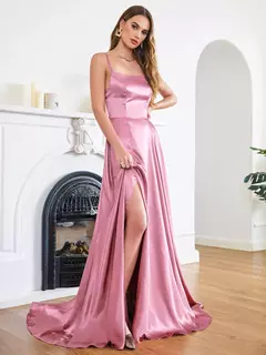 Vestido longo de cetim linha A feminino, cintas simples de espaguete, fenda sexy - Wolf Magazine