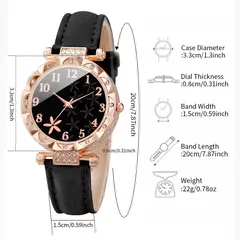 Conjunto de braceletes de coração strass feminino, relógio de pulso quartzo feminino, mostrador flor, pulseira de couro, 2 peças por conjunto - Wolf Magazine
