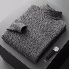 Pulôver Jacquard de cadeia dupla para homens, suéter de gola alta, camisa de fundo de malha 100% lã merino nova, outono e inverno - comprar online