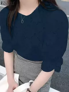 ZANZEA-blusa de renda oca para mulheres, tops de manga curta folhada, túnica chique, tecido texturizado, moda coreana, verão, 2024 - loja online