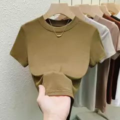 Camiseta de manga curta de gola redonda feminina, blusa casual, camiseta monocromática, plus size, roupas sexy e finas, moda verão na internet