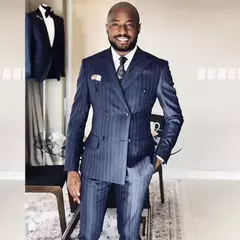 Imagem do Fato formal listrado azul masculino, smoking de casamento casual, lapela de pico, blazer de peito duplo com calça, business, nova chegada, 2 PCs