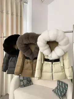 Imagem do Oftbuy 2024 jaqueta de inverno feminina gola de pele de raposa natural real com capuz grosso quente 90% pato branco para baixo casaco feminino streetwear casual