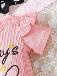 Macacão bonito em torno do pescoço das meninas do bebê, Slogan Bordado, Coração Imprimir Shorts, Headband, Casual, Primavera, Outono, 2Pcs Set