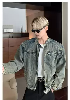 Jaqueta jeans de rua masculina, vintage lavada, jaqueta de caubói angustiada, streetwear casual, primavera, novo, estilo americano, zíperes - Wolf Magazine
