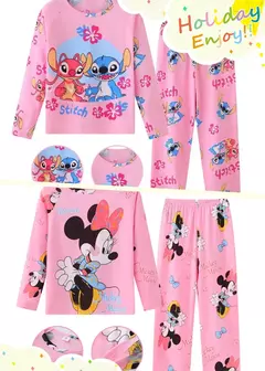 Conjunto de pijamas de manga comprida infantil, Winnie the Pooh Desenhos animados, Mickey e Minnie, menino e menina