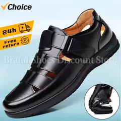 Sapatos de couro oco masculino, sandálias casuais, sapatos de furos respiráveis, verão, 2024
