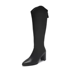 Botas de joelho com zíper alto para mulheres, salto alto grosso, simples, plus size, 34-43, outono, inverno, novo na internet