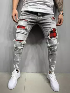 Imagem do Calças jeans skinny rasgadas elásticas masculinas, bordado branco, algodão, hip hop, buraco negro, slim fit, calças jeans grandes, alta qualidade