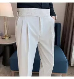 Estilo britânico dos homens de cintura alta vestido casual calça masculina cinto design calças finas formal escritório social vestido de festa de casamento terno calças - loja online