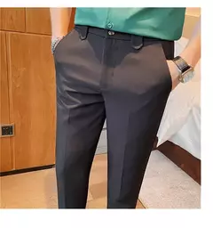 Calça de cintura elástica cor sólida para homens, calça casual slim fit, vestido de festa social, roupas de negócios de alta qualidade - Wolf Magazine