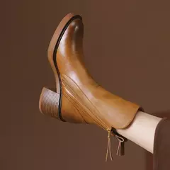 Botas de plataforma chelsea para mulheres, salto robusto, dedo do pé redondo, marrom, botins, salto alto, couro, ao ar livre, novo na internet