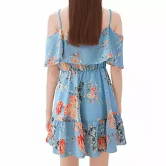 Vestido de deslizamento estampado fora do ombro feminino, babado, alça, mini vestido, floral, sem costas, curto, praia, verão, 2024 na internet
