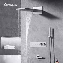 Imagem do Sistema de chuveiro de bronze preto de luxo wall-mounted led display digital design frio & quente duplo-controle de 4 funções torneira de chuveiro de teto