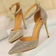 Mulheres Sexy 10cm Sandálias De Salto Alto Do Casamento Glitter Saltos De Noiva Champanhe Bombas De Ouro Fetiche Stiletto Crystal Glitter Strap Shoes - loja online
