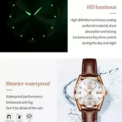 OLEVS-Relógio quartzo com pulseira de couro clássico para mulheres, relógio diamante elegante para senhoras, encontro impermeável, moda