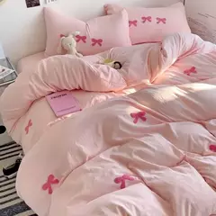 Cute Pink Bows Embroidery Duvet Cover Set, Conjuntos de cama 3D Confortável Rainha Consolador, capas macias para meninas, crianças, adolescentes na internet