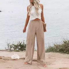 Calça larga de linho de algodão feminina, comprimento total, casual, monocromática, solta, cintura alta, reto, botão, verão - loja online