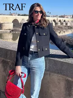 TRAF-Casaco Cropped feminino com botão dourado, blazer bomber, streetwear chique, blusa de casacos femininos, moda primavera, 2022 na internet