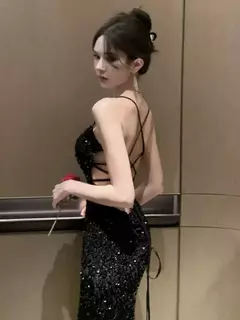Topanoma-vestido de noite para as mulheres, vestido de noite com lantejoulas, sem mangas, colar halter, sexy, bandagem, sem encosto, split, vintage, elegante, coquetel na internet