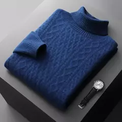 Pulôver Jacquard de cadeia dupla para homens, suéter de gola alta, camisa de fundo de malha 100% lã merino nova, outono e inverno - Wolf Magazine