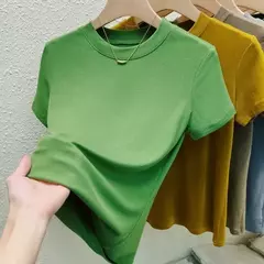 Camiseta de manga curta de gola redonda feminina, blusa casual, camiseta monocromática, plus size, roupas sexy e finas, moda verão
