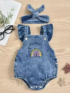 Roupas jeans sem mangas para meninos e meninas, pijama casual triangular rastejante, moda retrô, 2 peças