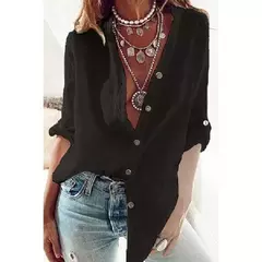 Imagem do Camisa de linho de algodão feminina, monocromática, casual, solta, botão, decote em v, manga comprida, viajante, moda verão