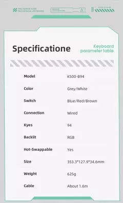 Machenike-K500 Teclado mecânico para jogos, Teclado com fio, Hot Swappable, 94 teclas, RGB Light, Mac, Windows