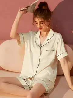 Conjuntos de pijama de seda falsa feminino, pijamas sólidos, noite para dormir, roupas de casa, moda coreana, 2 peças, verão - Wolf Magazine