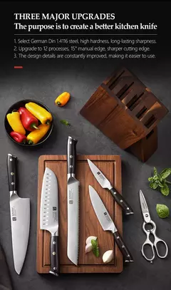 XINZUO-Stainless Steel Kitchen Knives Set, Bloco de Alto Carbono, Ebony Handle, Cutelo, Peixe, Legumes Slicing Knife, 7Pcs - Wolf Magazine