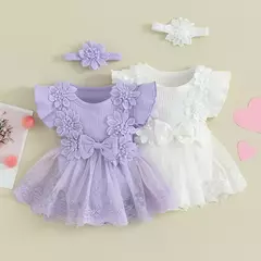 Recém-nascido Lace Patchwork Ruffle Macacões, Macacão Vestido, Mesh Baby Girl Roupas, Sunsuit Roupas, 2Pc Roupas - comprar online