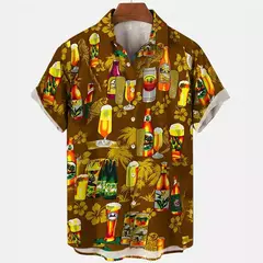 Camisa Retro de Cerveja Masculina Estampada 3D, Padrão para Beber Natal, Engraçado Street Top, Casual Manga Curta, Blusa de Botão, Roupas na internet