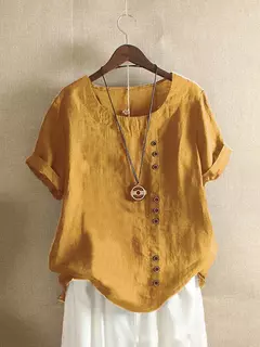Top feminino de algodão e linho verão casual solto botão manga curta cor sólida pulôver blusa femme blusas