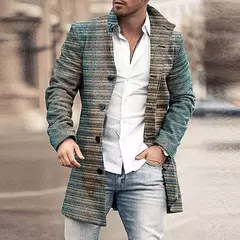 Outono inverno retro impressão de lã casaco masculino casual único breasted lapela manga longa casaco moda masculina bolso solto meados longo jaqueta