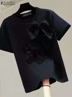ZANZEA-Camisetas de manga curta femininas, streetwear gola O, blusa de viagem diária, tops casuais, detalhe com laço solto, moda verão, 2024 - comprar online