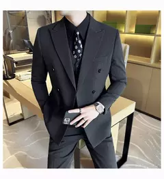 Fato de trespassado estilo britânico masculino, negócio formal, slim fit, smoking casual, festa de casamento, conjunto de 3 peças