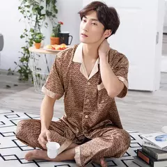 Conjunto de pijama de seda fino masculino, manga comprida e calça curta, pijama, calça para dormir - loja online
