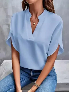 Blusa feminina elegante de manga curta com decote em v, camisa solta de cor sólida, tops brancos casuais, senhora do escritório, nova, verão - comprar online