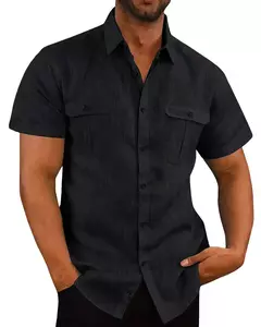 Camisas masculinas de linho de algodão de manga curta, monocromáticas, gola alta, casual estilo praia, plus size - Wolf Magazine