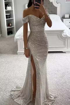 Vestido Dividido de Pescoço Uma Linha Feminino, Lantejoulas, Dividido, Versátil, Elegante, Charme, Emagrecedor, Festa, INS, Emagrecimento, S-XL Size, Novo na internet
