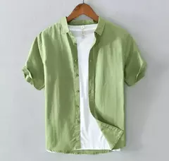 Camisa de linho de algodão manga curta masculina, cor sólida, simples, blusas casuais, tops finos respiráveis básicos, alta qualidade, moda verão - comprar online