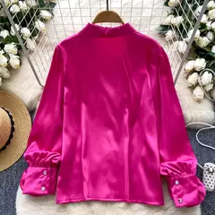 Elegante cetim tridimensional flor manga longa lapela blusa chique vintage moda colheita topo feminino camisas de outono roupas - loja online