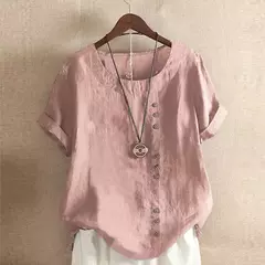 Top feminino de algodão e linho verão casual solto botão manga curta cor sólida pulôver blusa femme blusas na internet