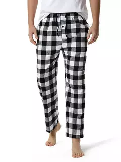 Branco preto xadrez pijama calças inferiores homens relaxando confortável macio algodão flanela casa wear respirável flanela pijama homme - loja online
