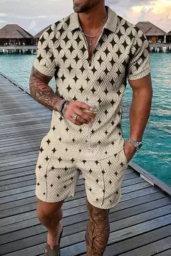 Conjunto de camisa polo e shorts masculino casual de manga curta com zíper gola v, moda verão, 2 peças, 2023 na internet
