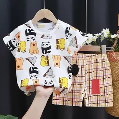 Roupas estampadas de desenho animado, roupas de casa de algodão puro, 2 peças, moda infantil, agasalhos casuais fofos, camiseta de contraste + shorts