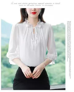 Imagem do Chiffon blusa com gola pétala para as mulheres, blusa solta e casual, meia manga, gravata borboleta, nova moda, primavera verão, tamanho m a 4xl, 2024