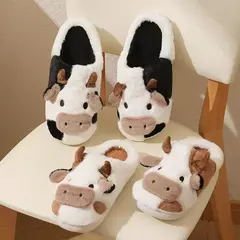 Imagem do Chinelos de pelúcia quente de vaca unisex dos desenhos animados, Mula interna antiderrapante de casal, Sapatos de algodão, Toe Wrap, Novo, Inverno