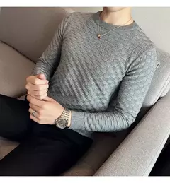 Imagem do Outono inverno estiramento jacquard tecido o-pescoço camisola waffle masculina ajuste fino manga longa pullovers de malha casual streetwear homme